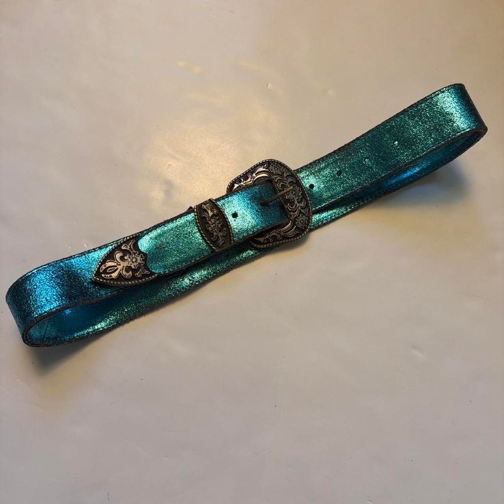 Free People Teal Shimmer Leather Western Belt Mermaidcore Blue S/M